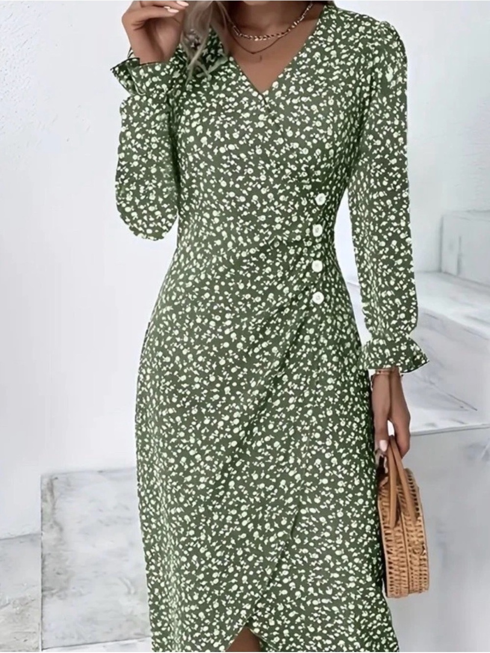 Green Floral Wrap Mini Dress with Button Detail - Picture 1 of 4